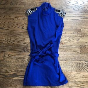 Blue Embellished Mini Dress with Belt